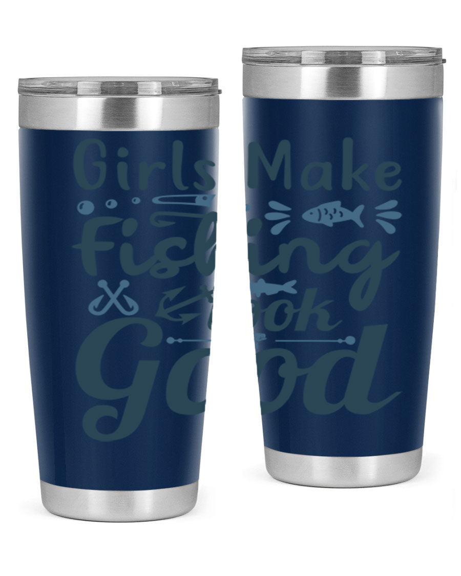 A stylish girl makes fishing 132# tumbler in stainless steel with a drink-thru lid, perfect for keeping beverages hot or cold.