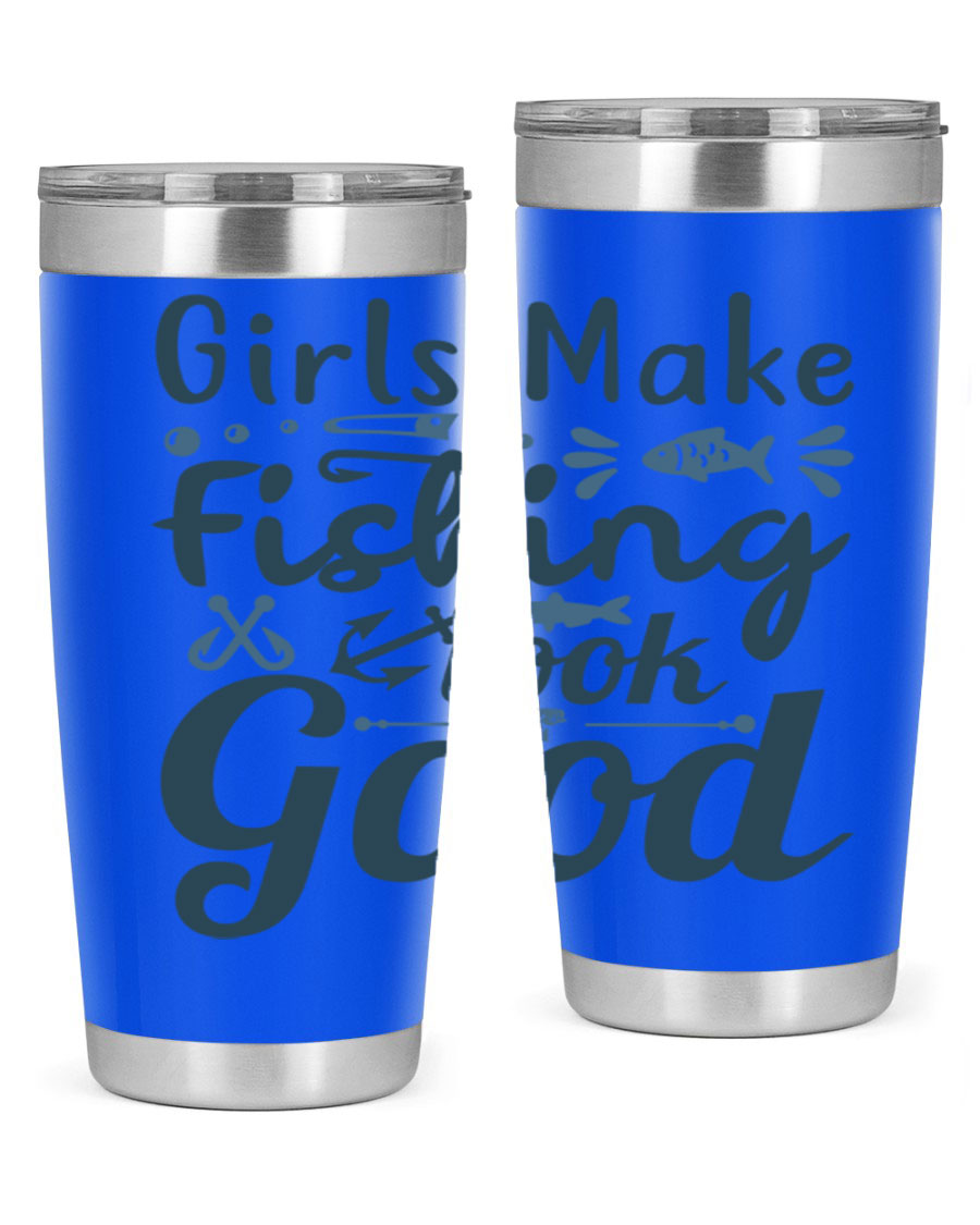 A stylish girl makes fishing 132# tumbler in stainless steel with a drink-thru lid, perfect for keeping beverages hot or cold.