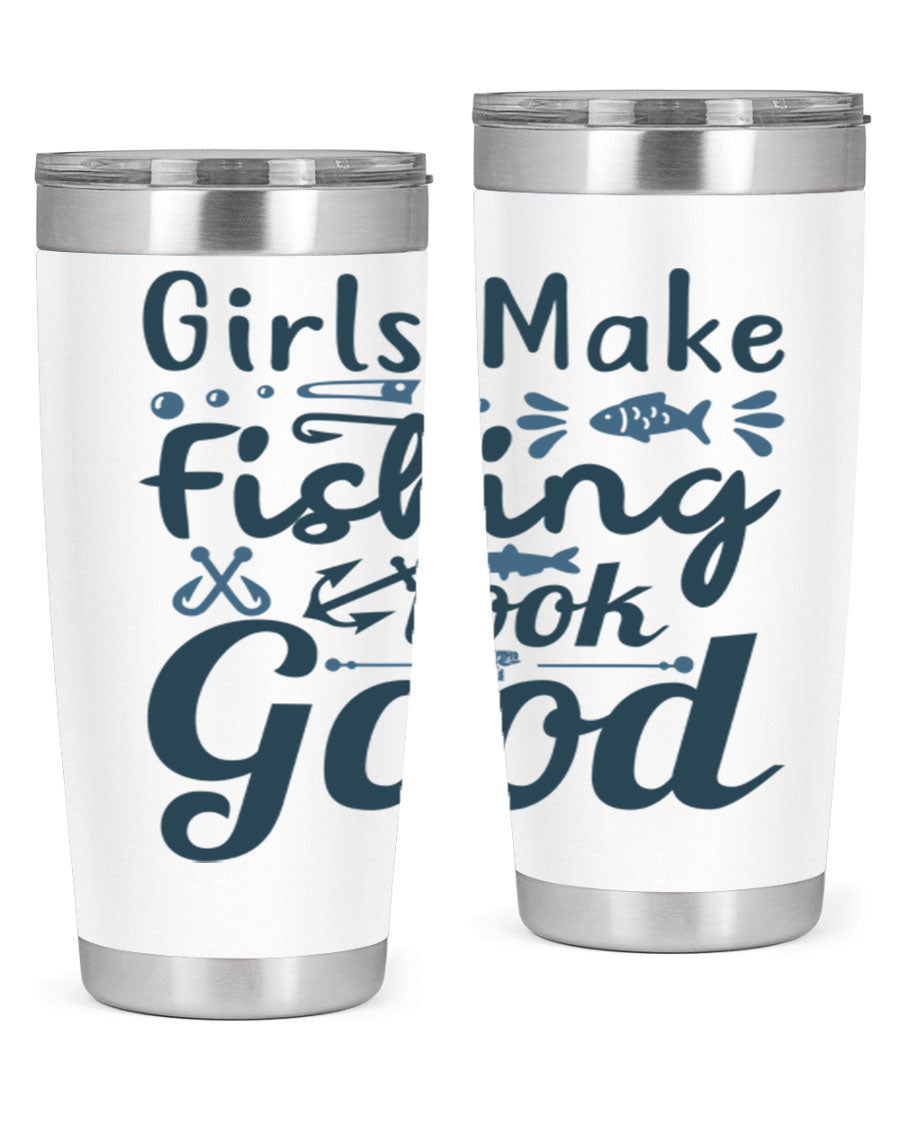 A stylish girl makes fishing 132# tumbler in stainless steel with a drink-thru lid, perfect for keeping beverages hot or cold.