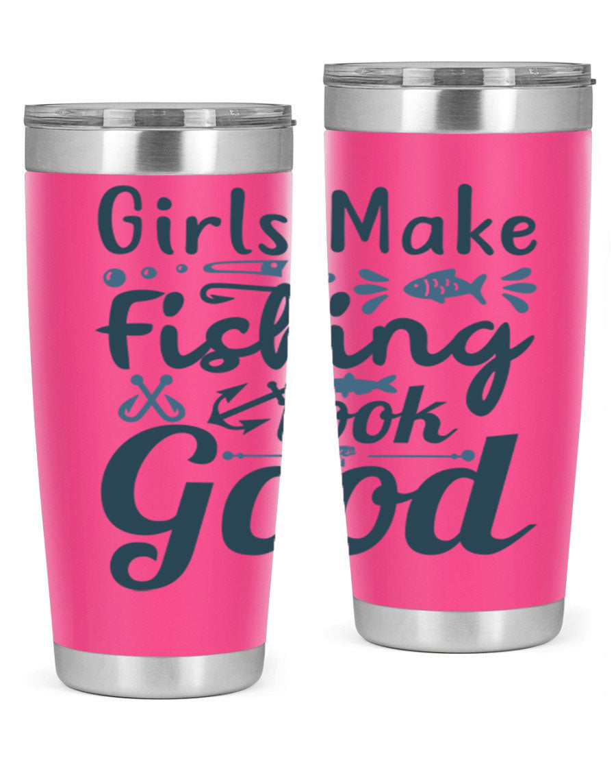 A stylish girl makes fishing 132# tumbler in stainless steel with a drink-thru lid, perfect for keeping beverages hot or cold.