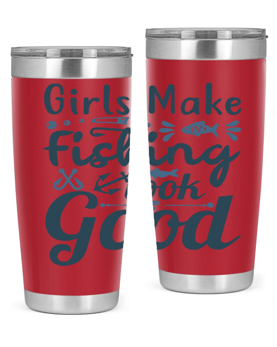 A stylish girl makes fishing 132# tumbler in stainless steel with a drink-thru lid, perfect for keeping beverages hot or cold.