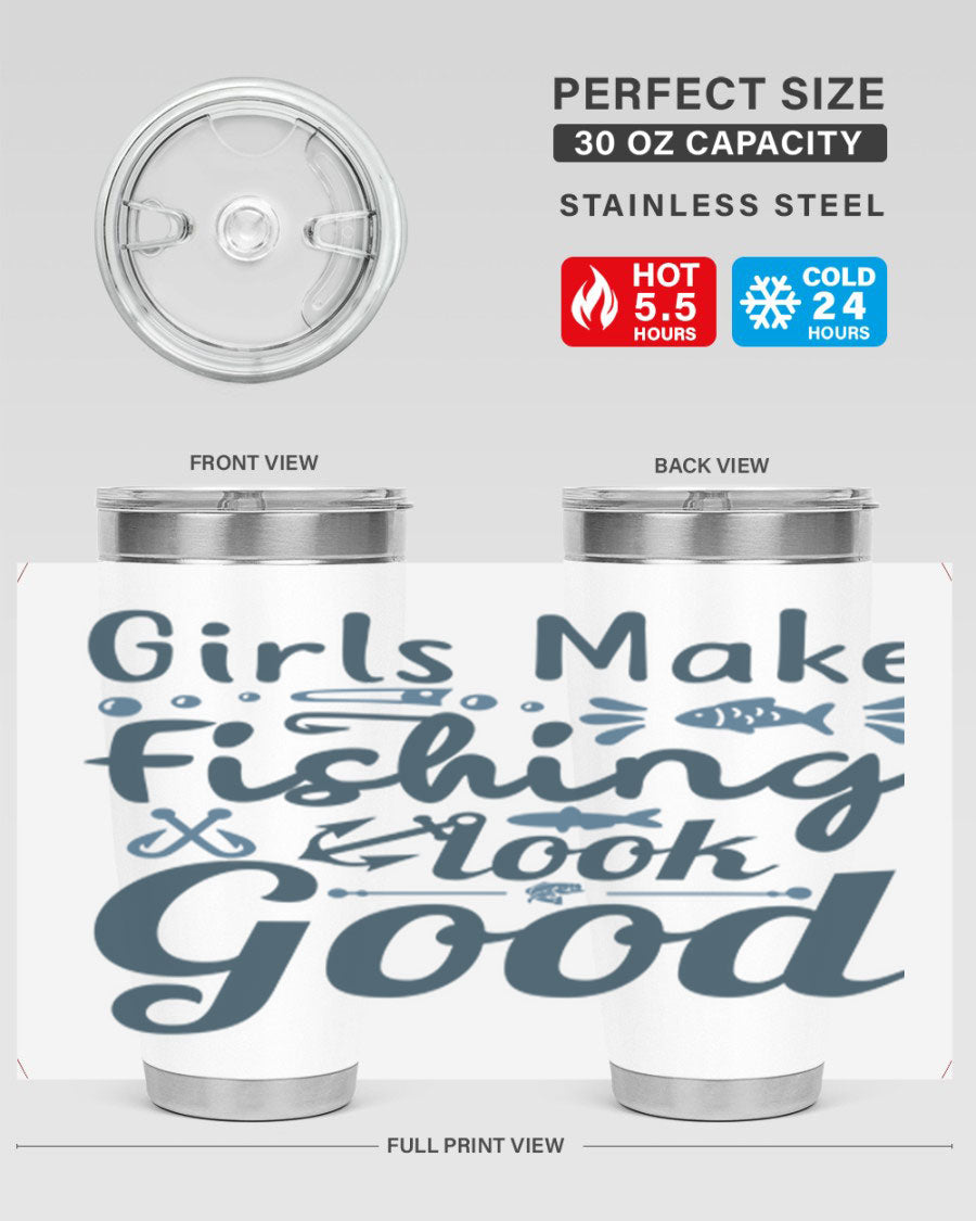 A stylish girl makes fishing 132# tumbler in stainless steel with a drink-thru lid, perfect for keeping beverages hot or cold.