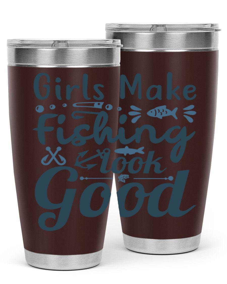 A stylish girl makes fishing 132# tumbler in stainless steel with a drink-thru lid, perfect for keeping beverages hot or cold.