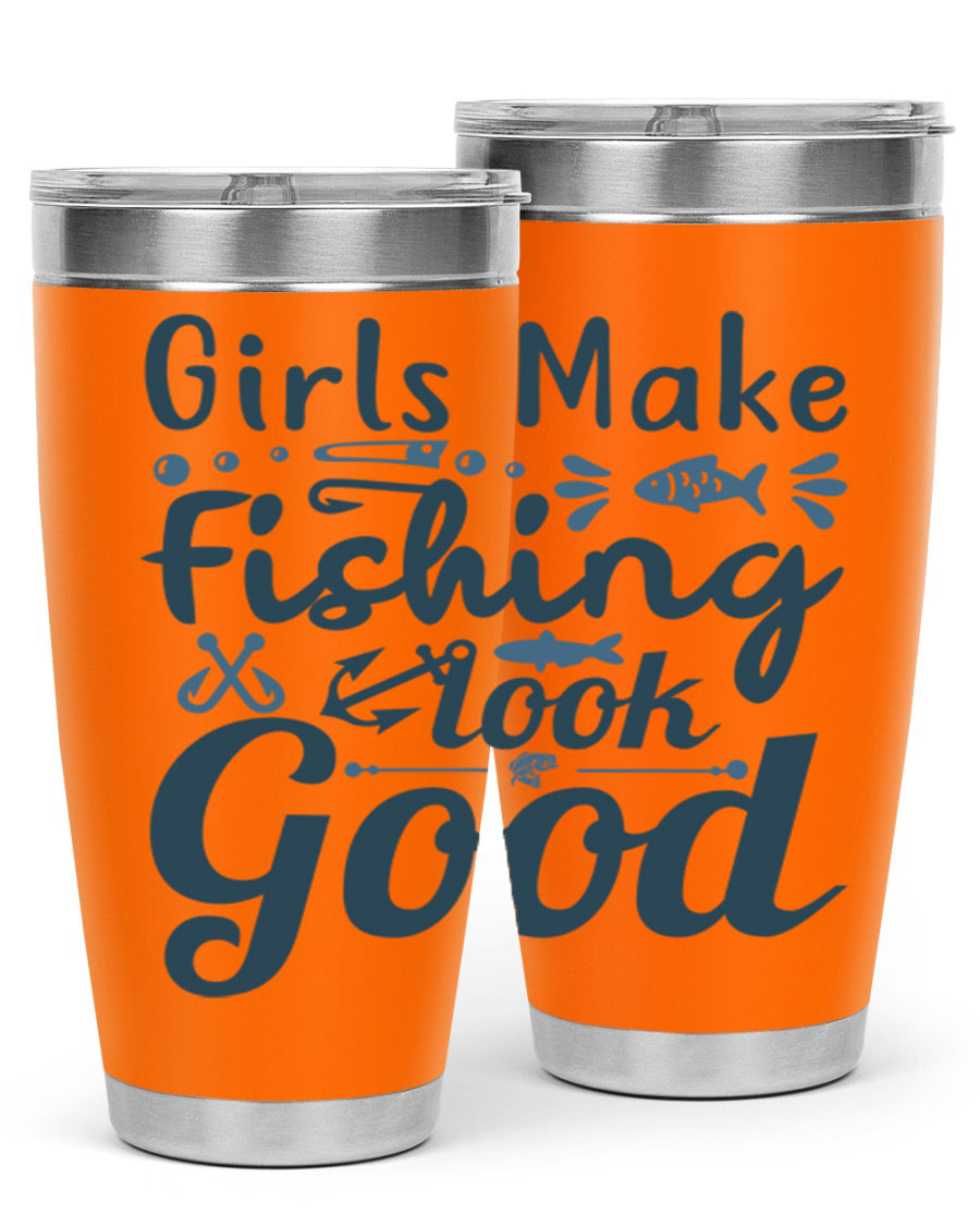 A stylish girl makes fishing 132# tumbler in stainless steel with a drink-thru lid, perfect for keeping beverages hot or cold.