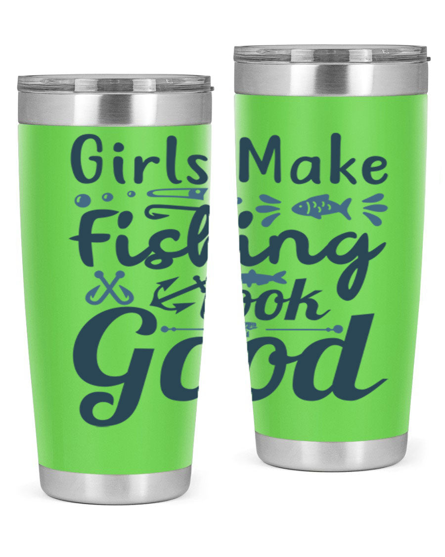 A stylish girl makes fishing 132# tumbler in stainless steel with a drink-thru lid, perfect for keeping beverages hot or cold.