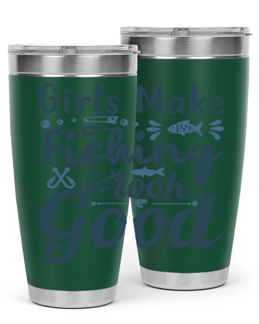 A stylish girl makes fishing 132# tumbler in stainless steel with a drink-thru lid, perfect for keeping beverages hot or cold.