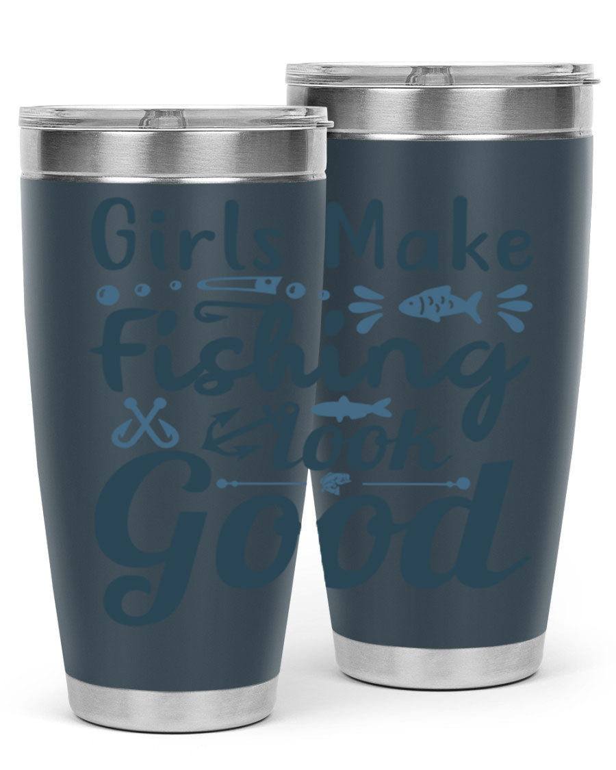 A stylish girl makes fishing 132# tumbler in stainless steel with a drink-thru lid, perfect for keeping beverages hot or cold.