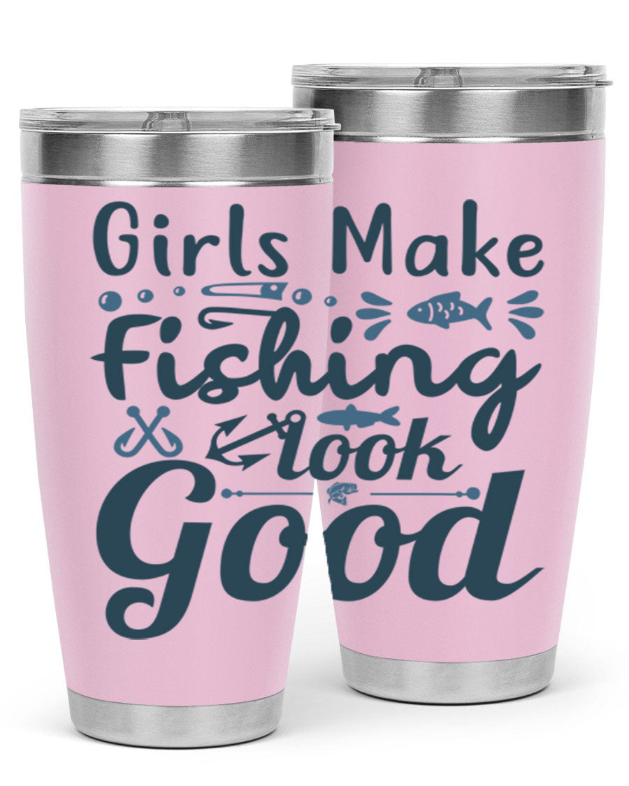 A stylish girl makes fishing 132# tumbler in stainless steel with a drink-thru lid, perfect for keeping beverages hot or cold.