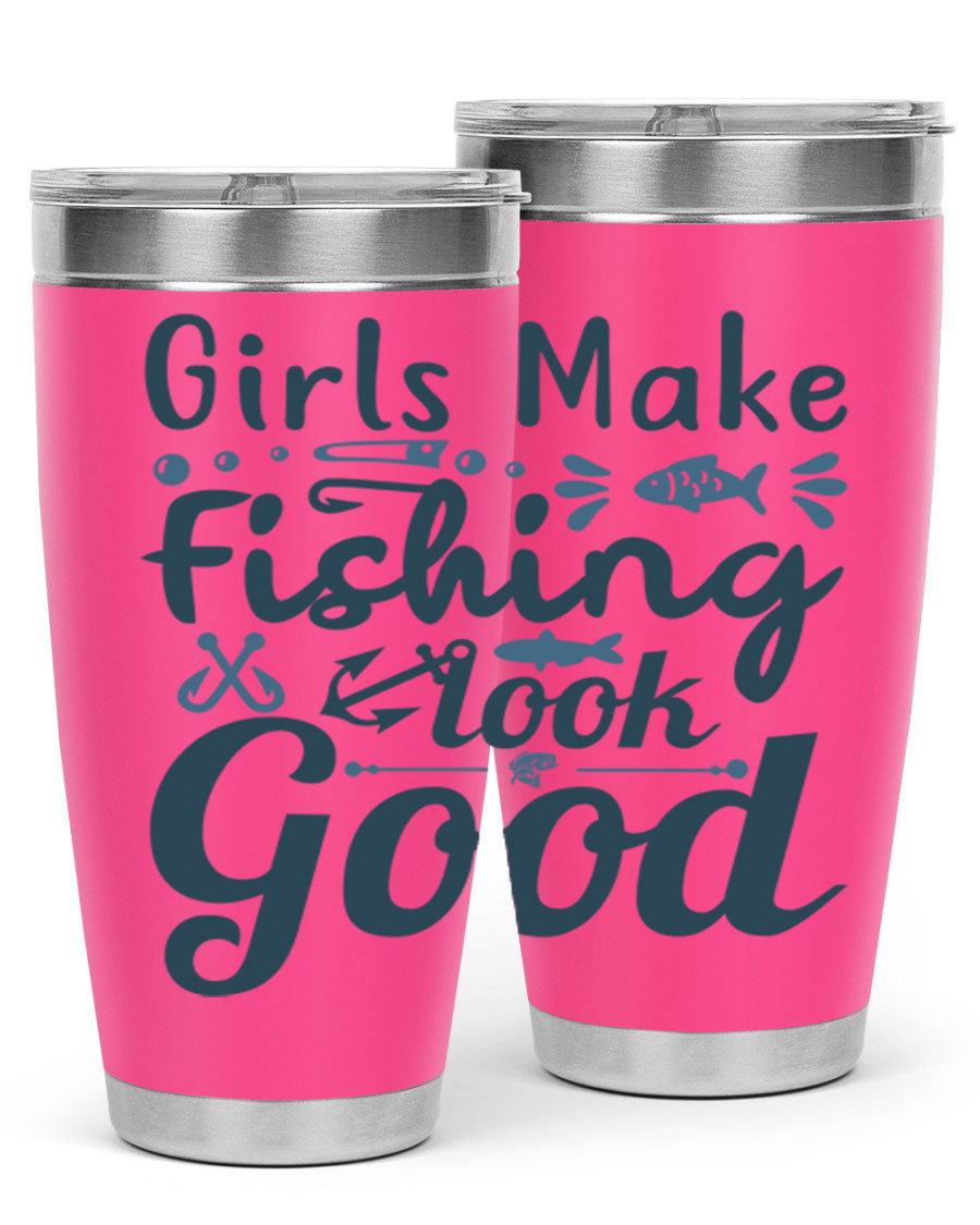 A stylish girl makes fishing 132# tumbler in stainless steel with a drink-thru lid, perfect for keeping beverages hot or cold.
