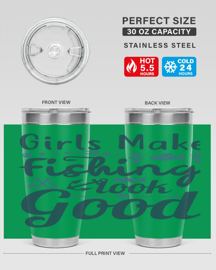 A stylish girl makes fishing 132# tumbler in stainless steel with a drink-thru lid, perfect for keeping beverages hot or cold.