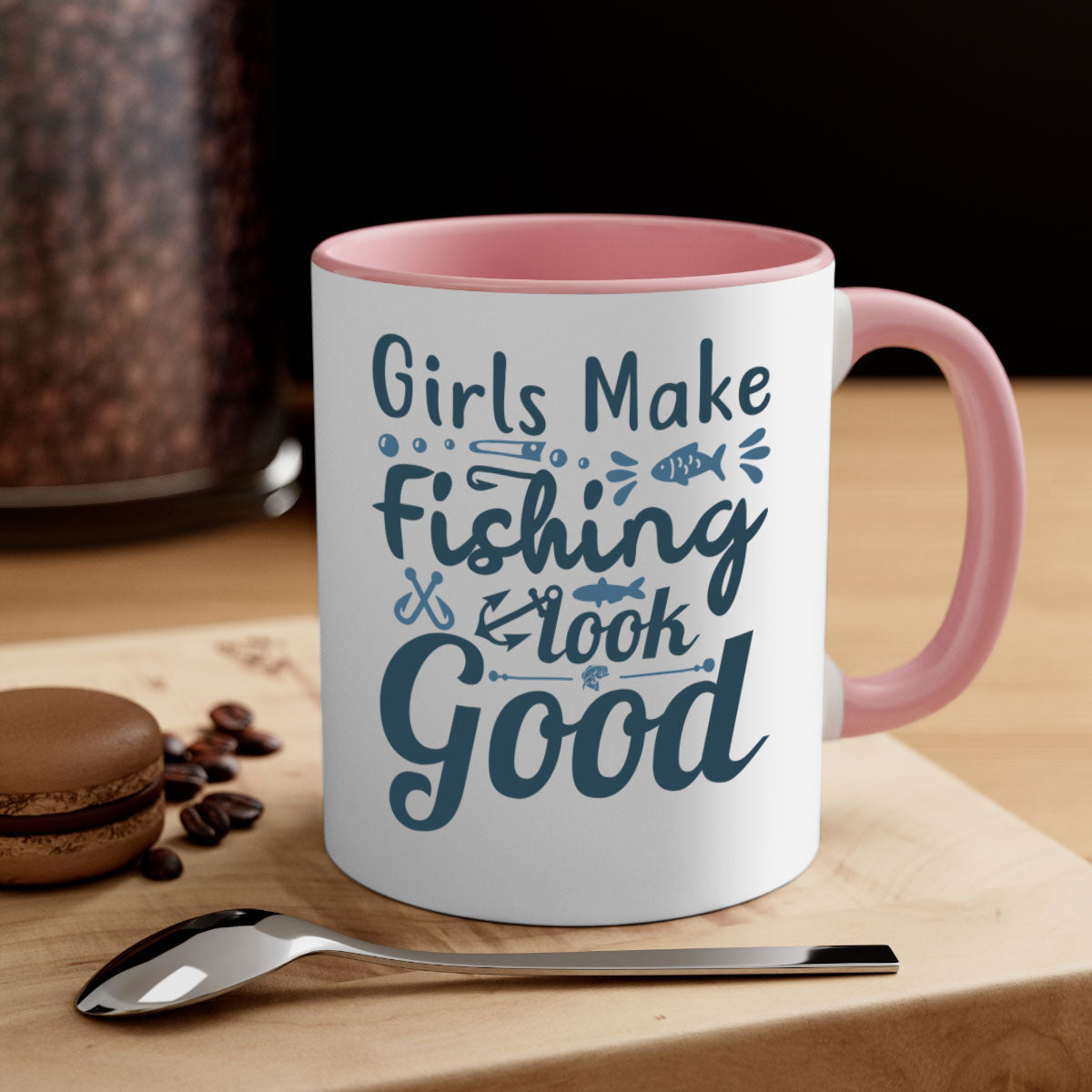 A stylish two-tone girl makes fishing 132# Mug with a glossy finish, featuring a colored handle and interior, perfect for coffee and tea.