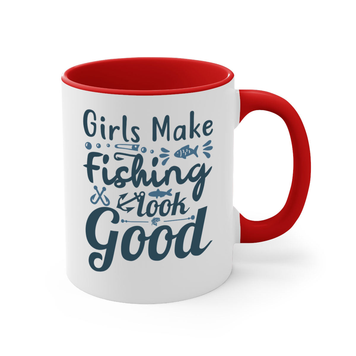 A stylish two-tone girl makes fishing 132# Mug with a glossy finish, featuring a colored handle and interior, perfect for coffee and tea.