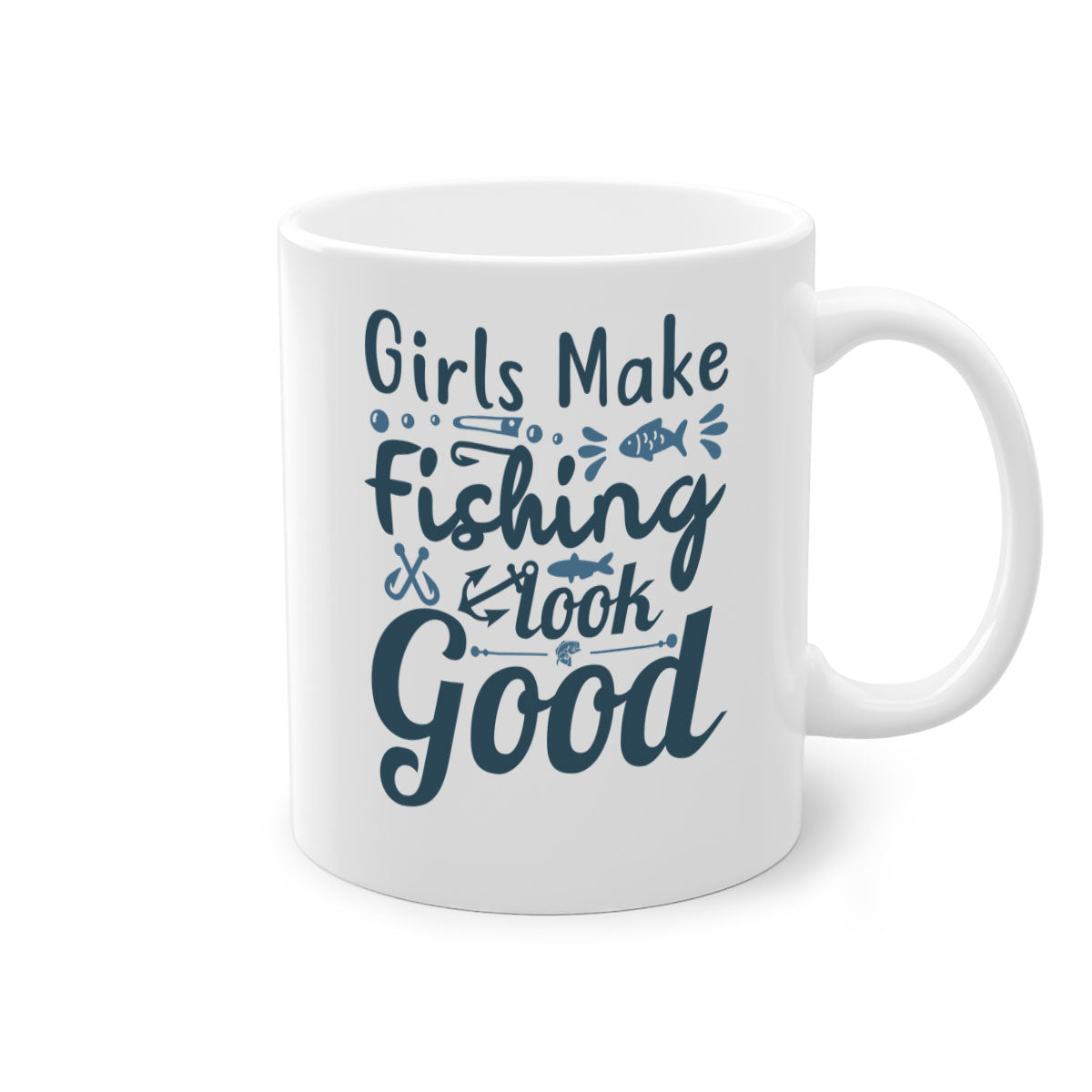 A stylish two-tone girl makes fishing 132# Mug with a glossy finish, featuring a colored handle and interior, perfect for coffee and tea.