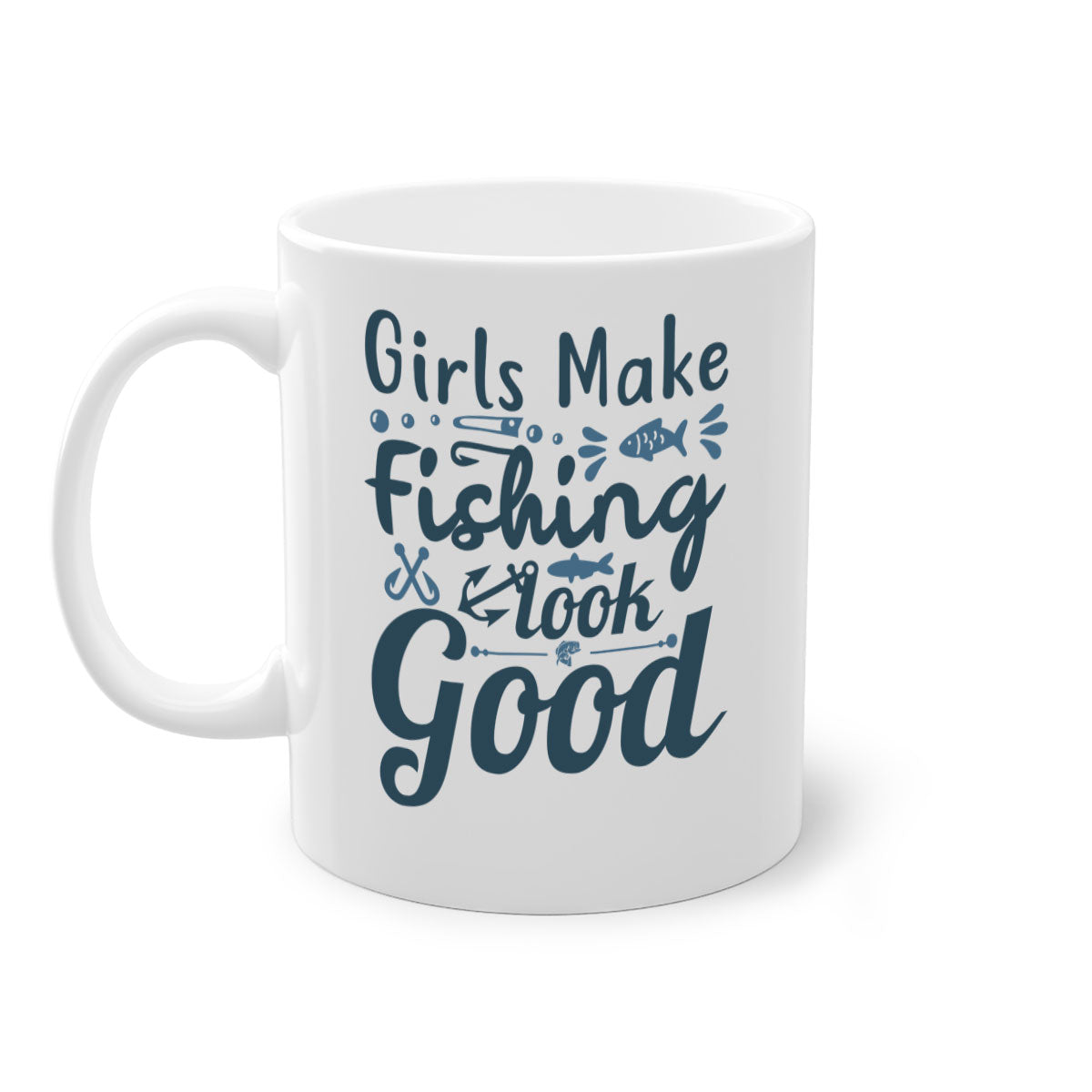 A stylish two-tone girl makes fishing 132# Mug with a glossy finish, featuring a colored handle and interior, perfect for coffee and tea.