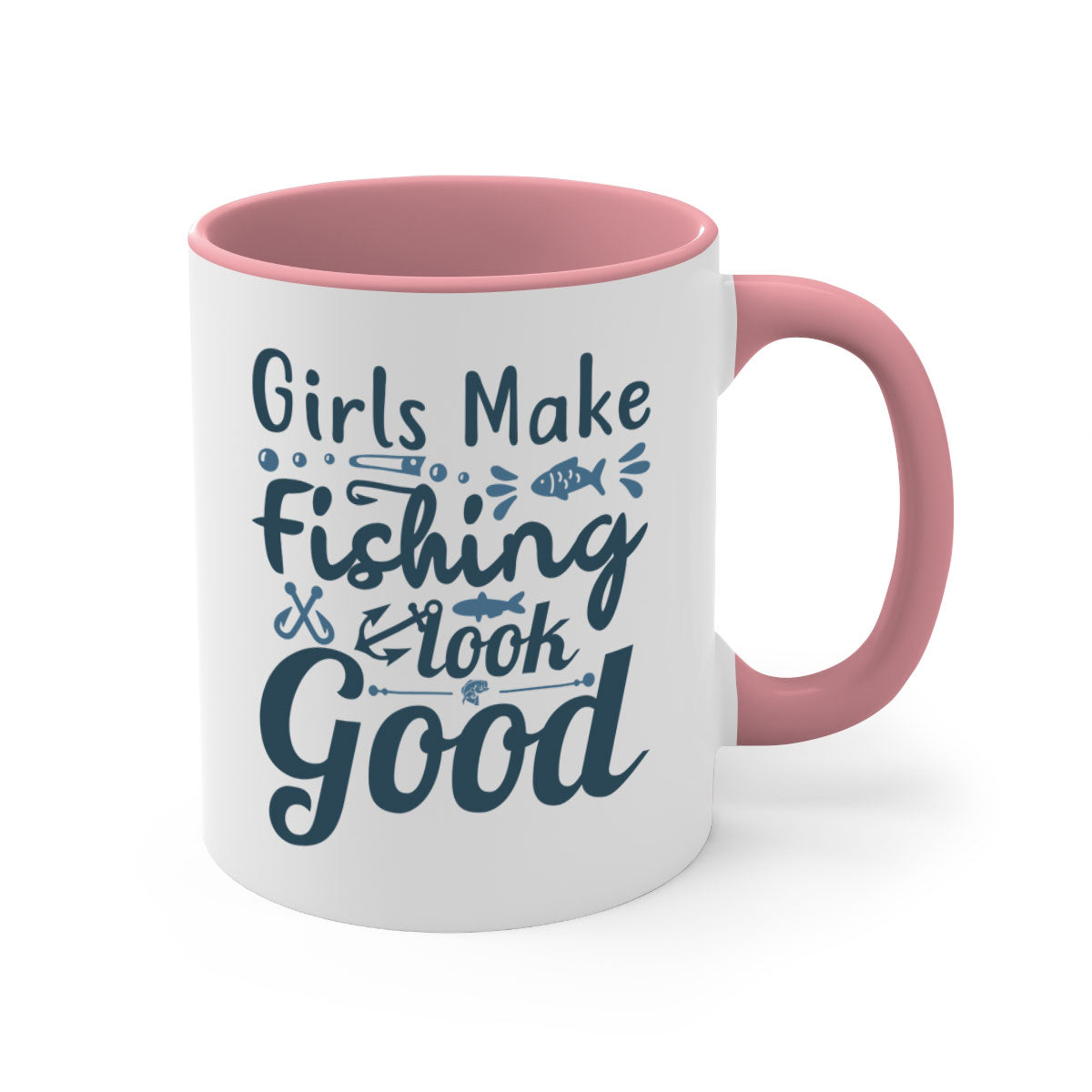 A stylish two-tone girl makes fishing 132# Mug with a glossy finish, featuring a colored handle and interior, perfect for coffee and tea.