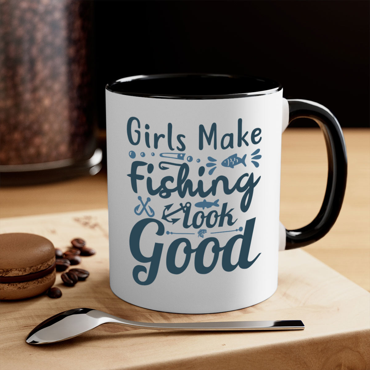 A stylish two-tone girl makes fishing 132# Mug with a glossy finish, featuring a colored handle and interior, perfect for coffee and tea.