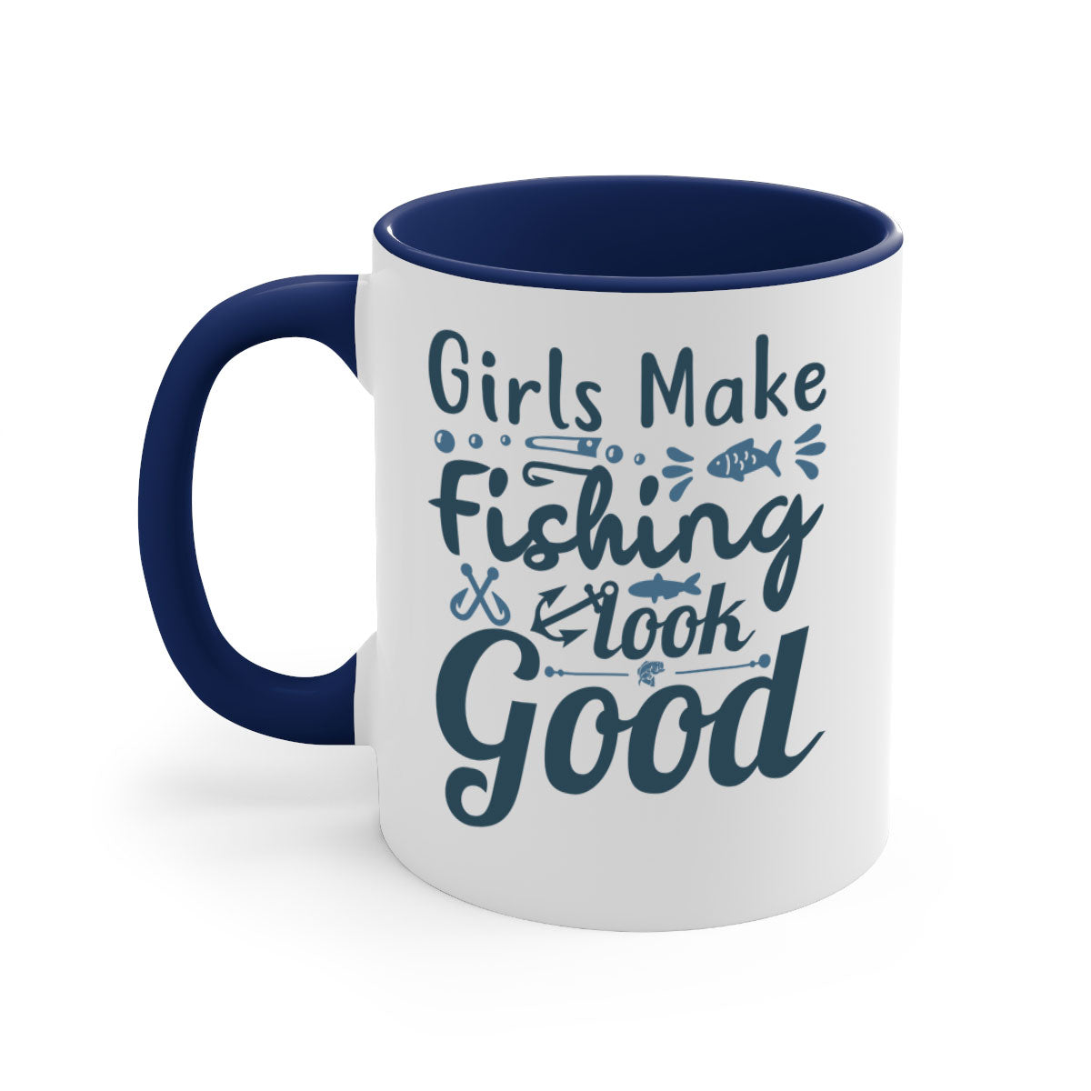 A stylish two-tone girl makes fishing 132# Mug with a glossy finish, featuring a colored handle and interior, perfect for coffee and tea.