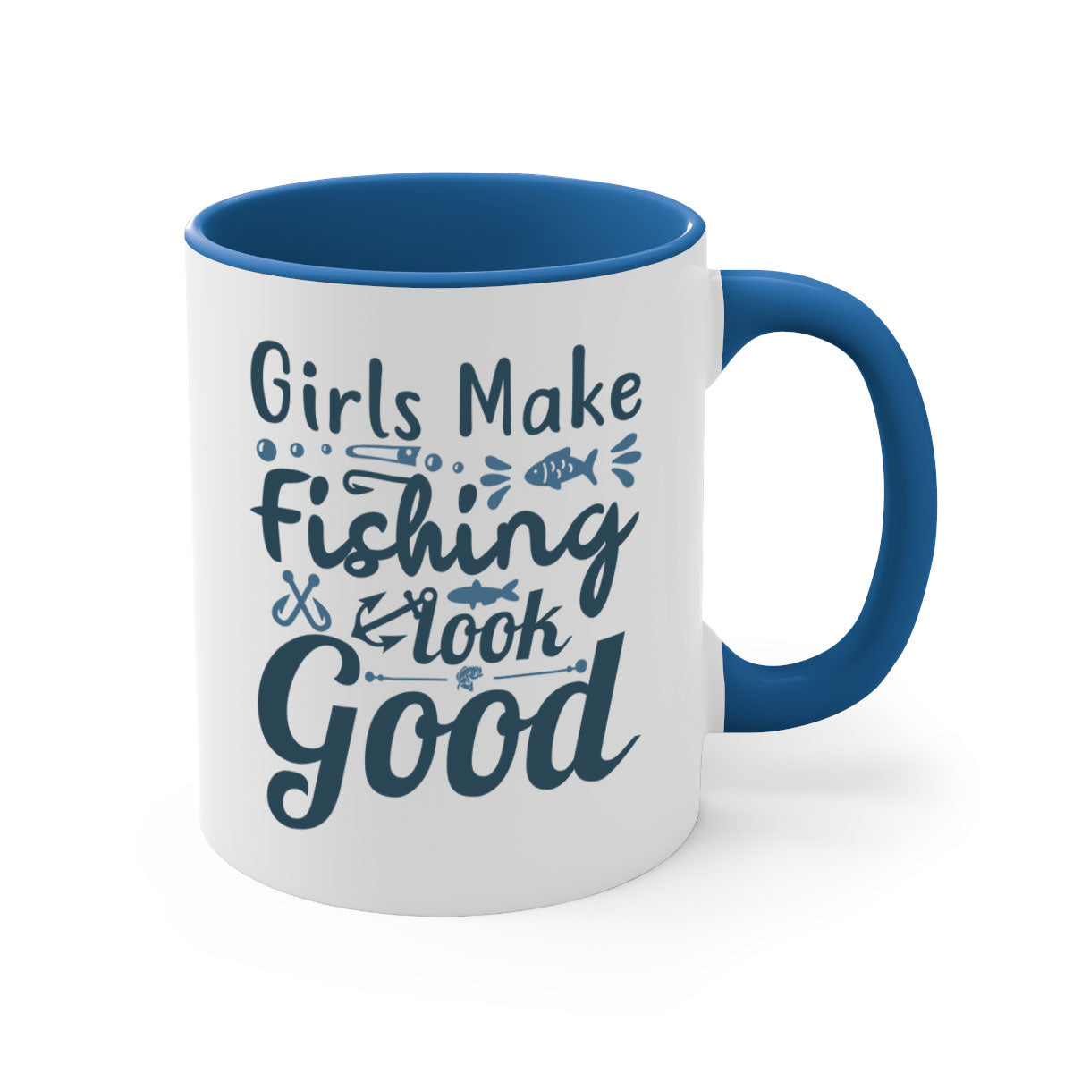 A stylish two-tone girl makes fishing 132# Mug with a glossy finish, featuring a colored handle and interior, perfect for coffee and tea.