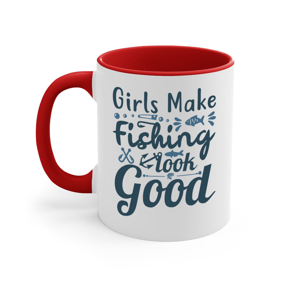 A stylish two-tone girl makes fishing 132# Mug with a glossy finish, featuring a colored handle and interior, perfect for coffee and tea.
