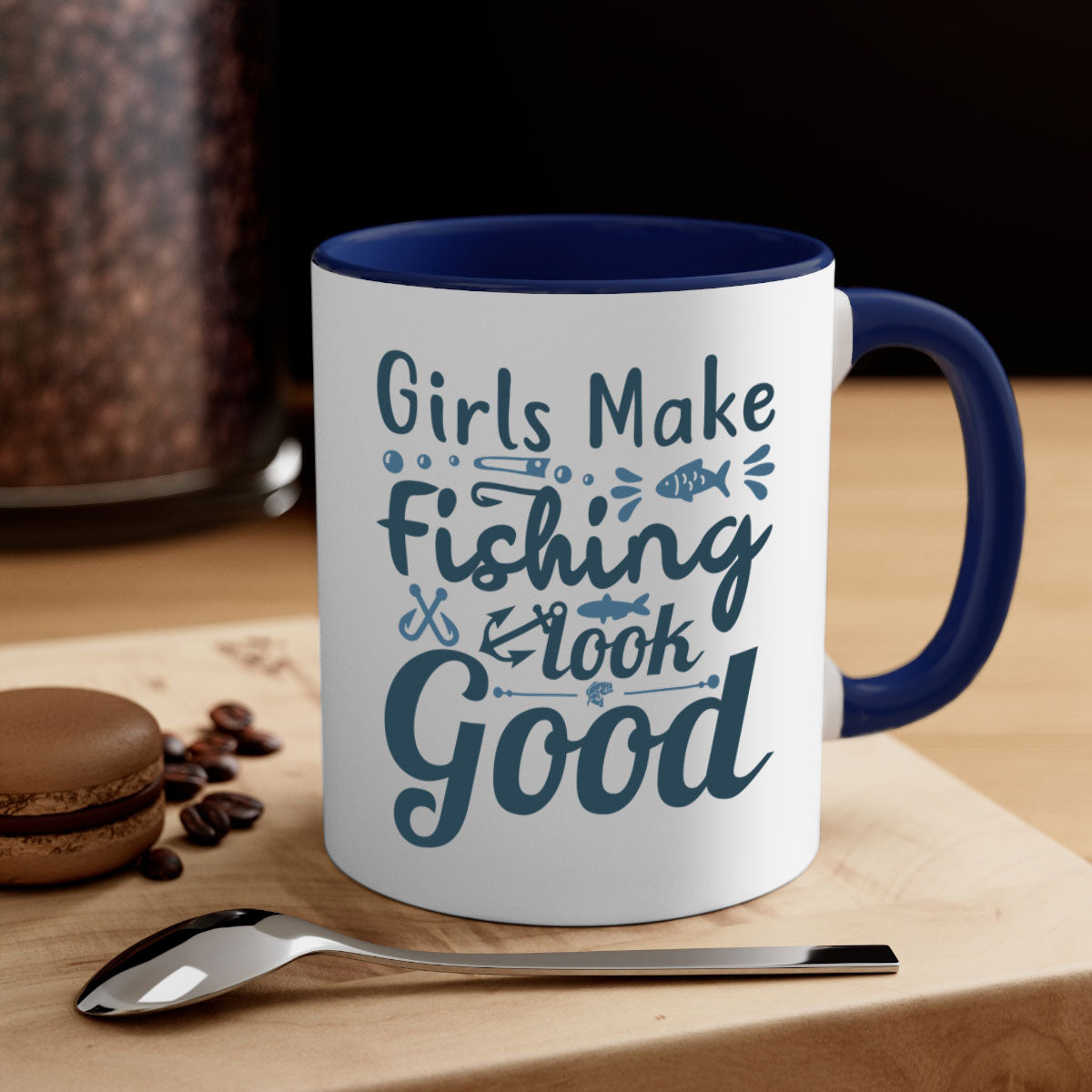 A stylish two-tone girl makes fishing 132# Mug with a glossy finish, featuring a colored handle and interior, perfect for coffee and tea.