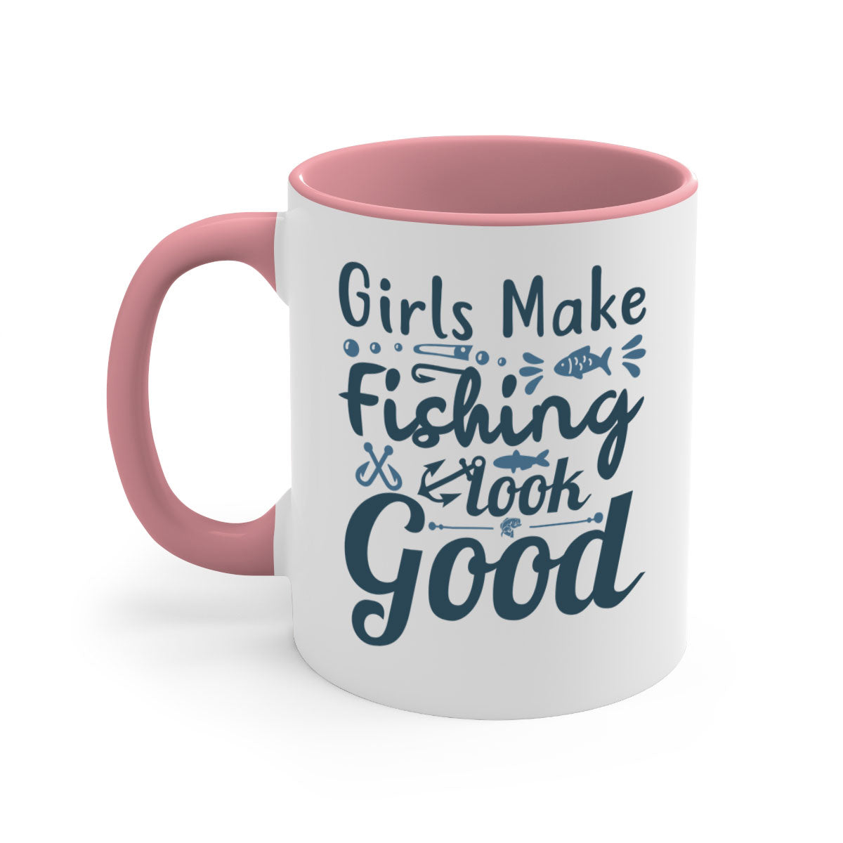 A stylish two-tone girl makes fishing 132# Mug with a glossy finish, featuring a colored handle and interior, perfect for coffee and tea.