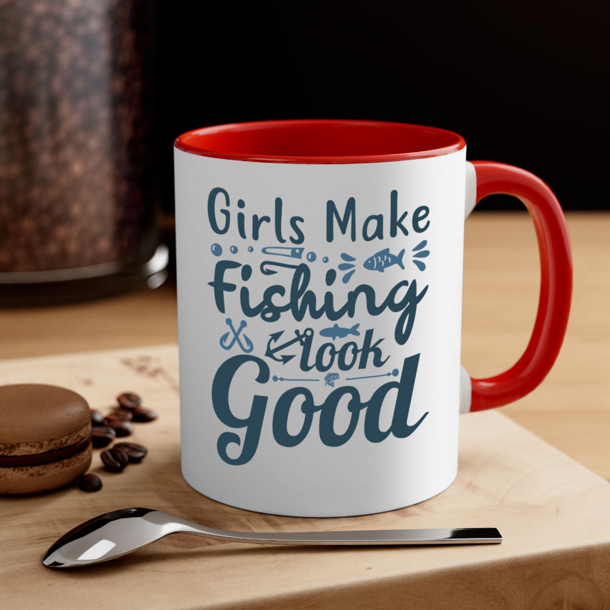 A stylish two-tone girl makes fishing 132# Mug with a glossy finish, featuring a colored handle and interior, perfect for coffee and tea.