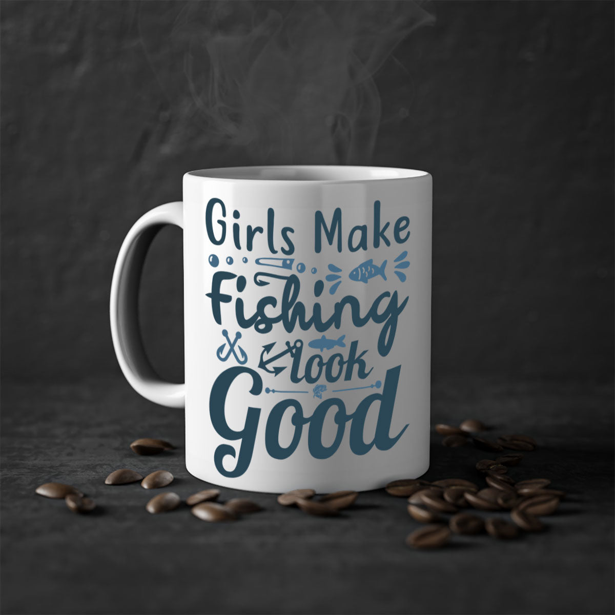A stylish two-tone girl makes fishing 132# Mug with a glossy finish, featuring a colored handle and interior, perfect for coffee and tea.