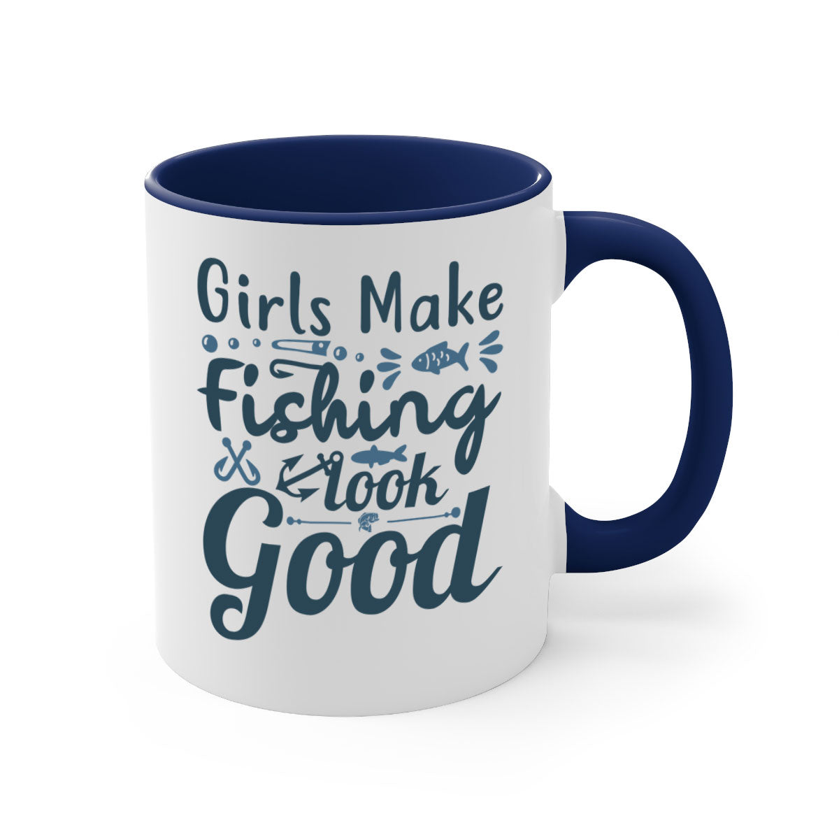 A stylish two-tone girl makes fishing 132# Mug with a glossy finish, featuring a colored handle and interior, perfect for coffee and tea.