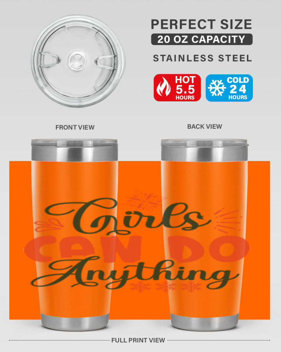 Girls Can Do Anything 116# winter tumbler in stainless steel with a stylish design, featuring a drink-thru lid and double wall vacuum insulation.
