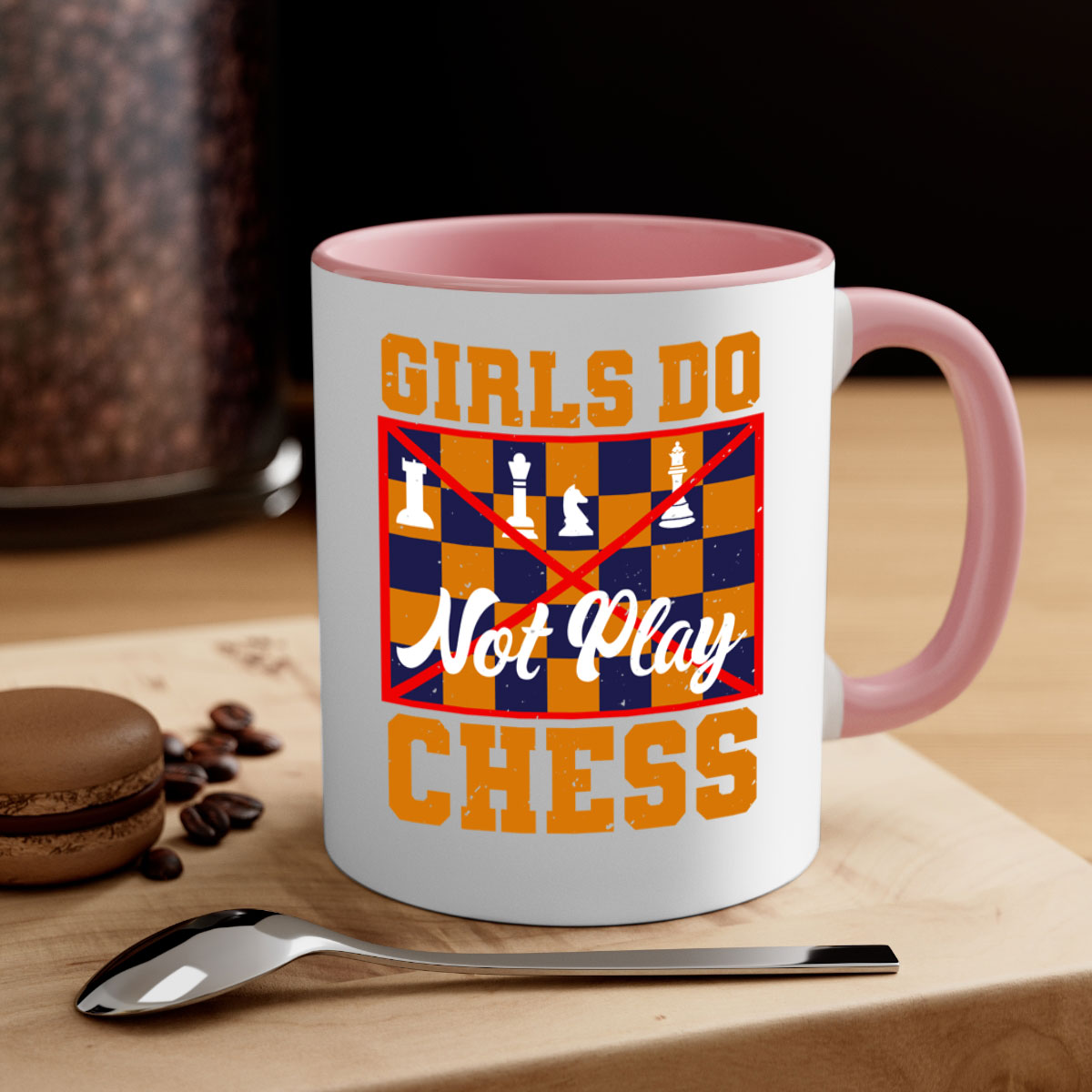 Girls do not play chess 49# Mug with colorful handle and interior, showcasing its glossy finish and stylish design.