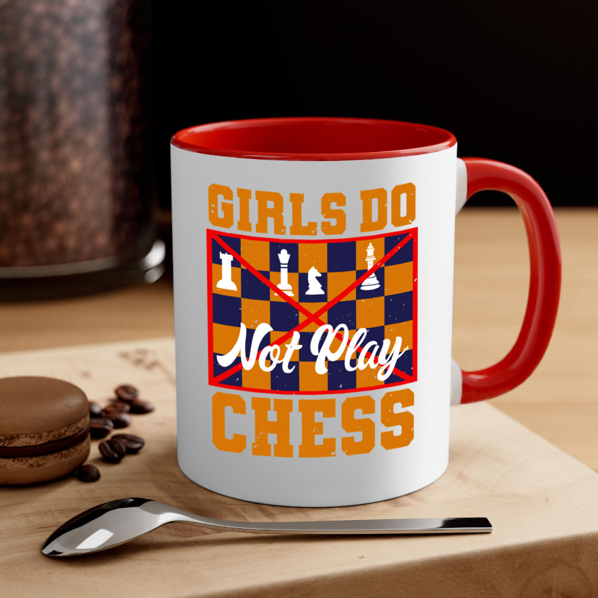 Girls do not play chess 49# Mug with colorful handle and interior, showcasing its glossy finish and stylish design.