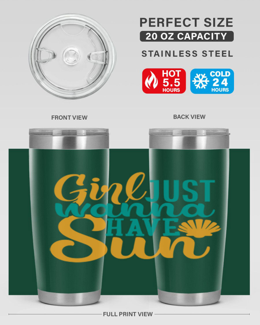 Girls Just Wanna Have Sun Style 101# 20oz Tumbler in stainless steel with vibrant summer-themed design.
