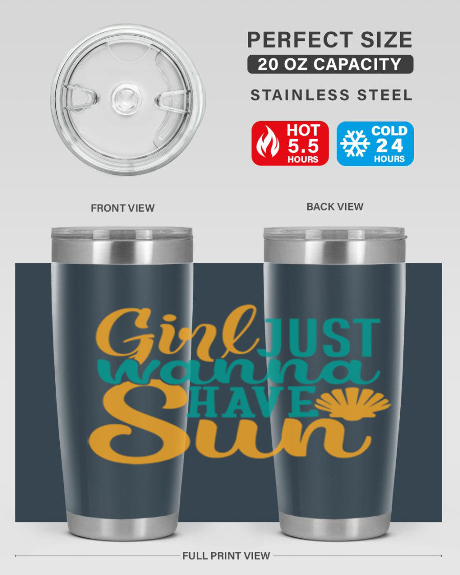 Girls Just Wanna Have Sun Style 101# 20oz Tumbler in stainless steel with vibrant summer-themed design.