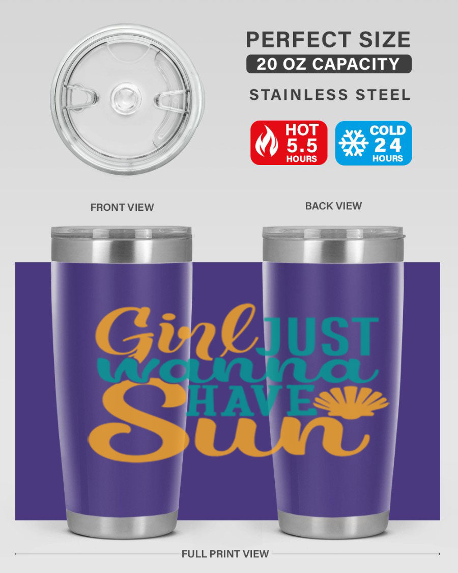 Girls Just Wanna Have Sun Style 101# 20oz Tumbler in stainless steel with vibrant summer-themed design.
