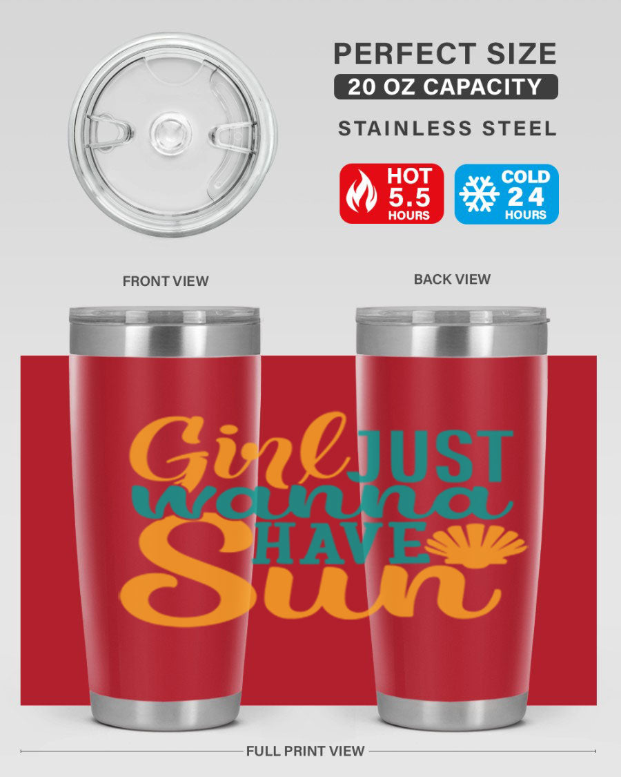 Girls Just Wanna Have Sun Style 101# 20oz Tumbler in stainless steel with vibrant summer-themed design.