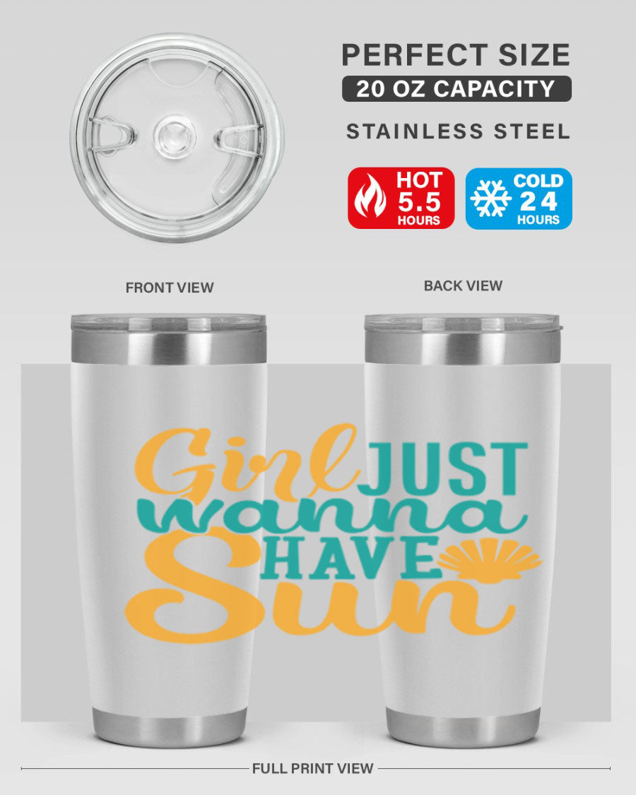 Girls Just Wanna Have Sun Style 101# 20oz Tumbler in stainless steel with vibrant summer-themed design.