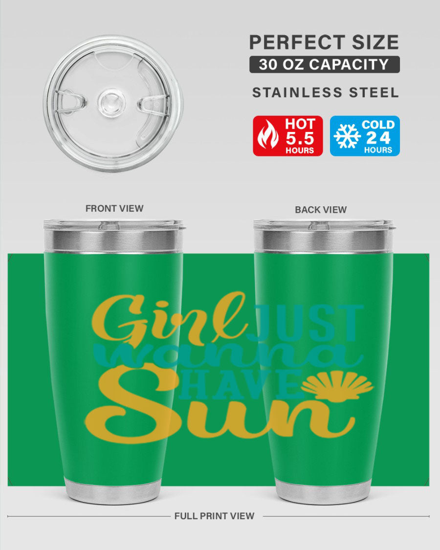 Girls Just Wanna Have Sun Style 101# 20oz Tumbler in stainless steel with vibrant summer-themed design.