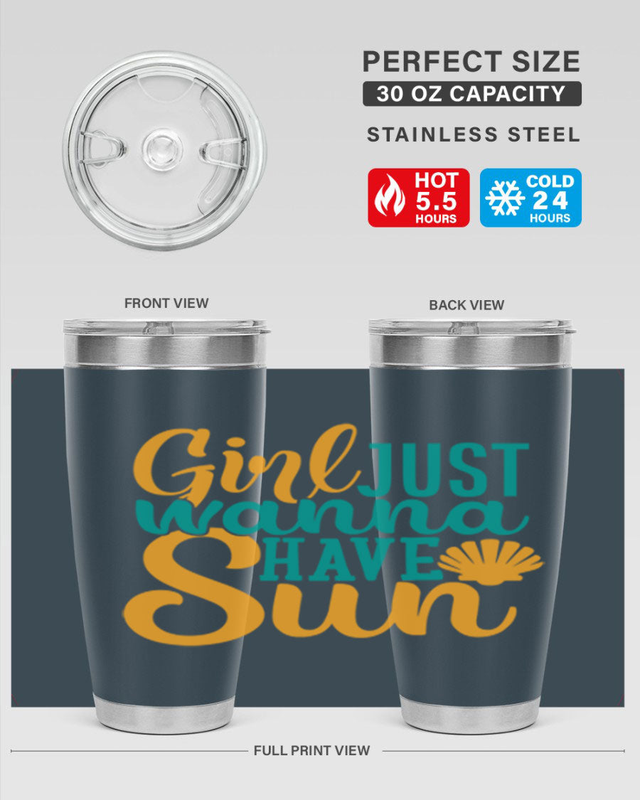 Girls Just Wanna Have Sun Style 101# 20oz Tumbler in stainless steel with vibrant summer-themed design.