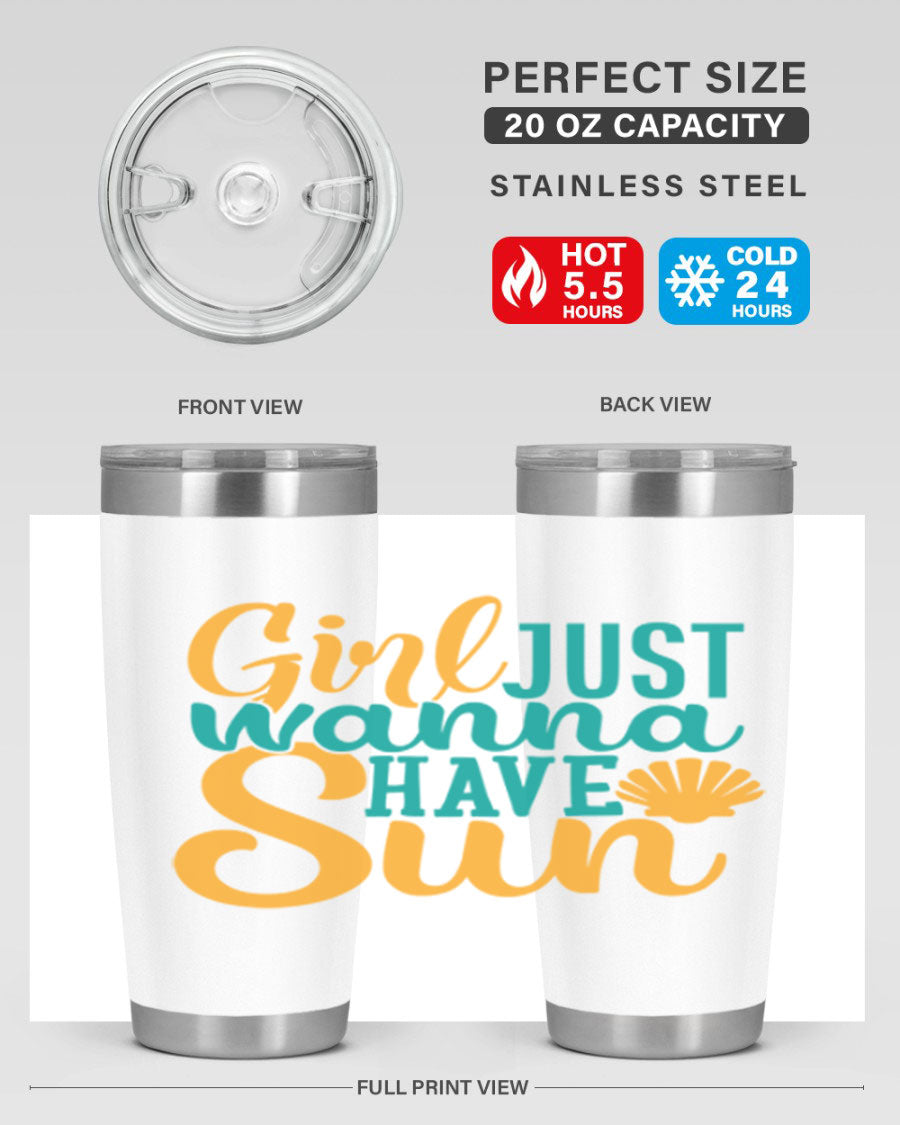Girls Just Wanna Have Sun Style 101# 20oz Tumbler in stainless steel with vibrant summer-themed design.