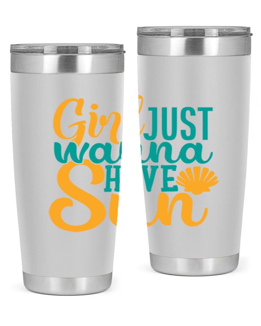 Girls Just Wanna Have Sun Style 101# 20oz Tumbler in stainless steel with vibrant summer-themed design.
