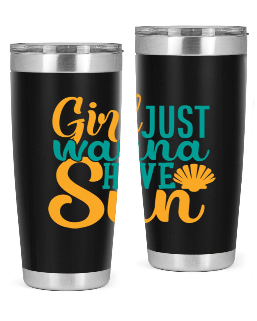 Girls Just Wanna Have Sun Style 101# 20oz Tumbler in stainless steel with vibrant summer-themed design.
