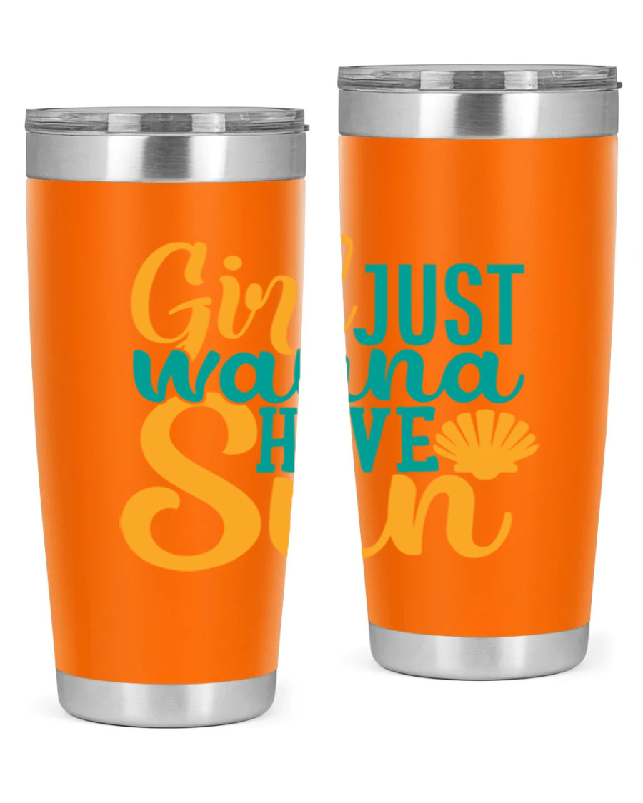 Girls Just Wanna Have Sun Style 101# 20oz Tumbler in stainless steel with vibrant summer-themed design.