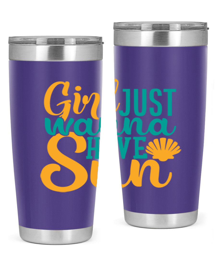 Girls Just Wanna Have Sun Style 101# 20oz Tumbler in stainless steel with vibrant summer-themed design.