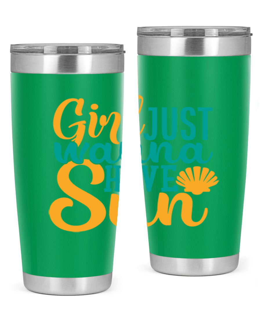 Girls Just Wanna Have Sun Style 101# 20oz Tumbler in stainless steel with vibrant summer-themed design.