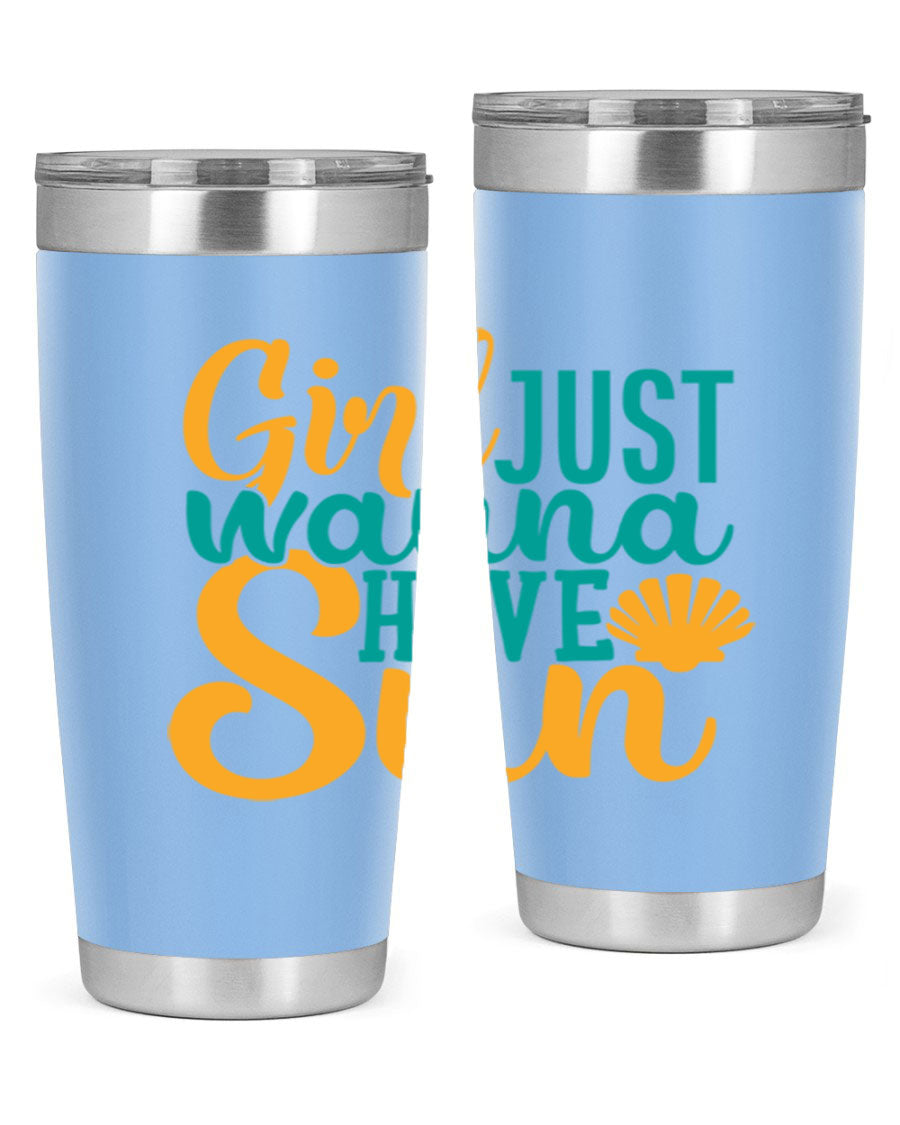 Girls Just Wanna Have Sun Style 101# 20oz Tumbler in stainless steel with vibrant summer-themed design.