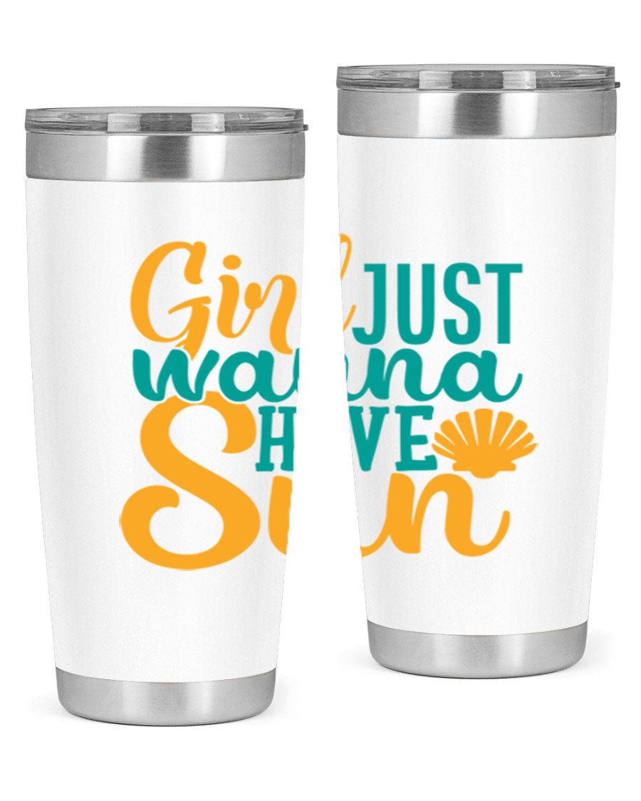Girls Just Wanna Have Sun Style 101# 20oz Tumbler in stainless steel with vibrant summer-themed design.