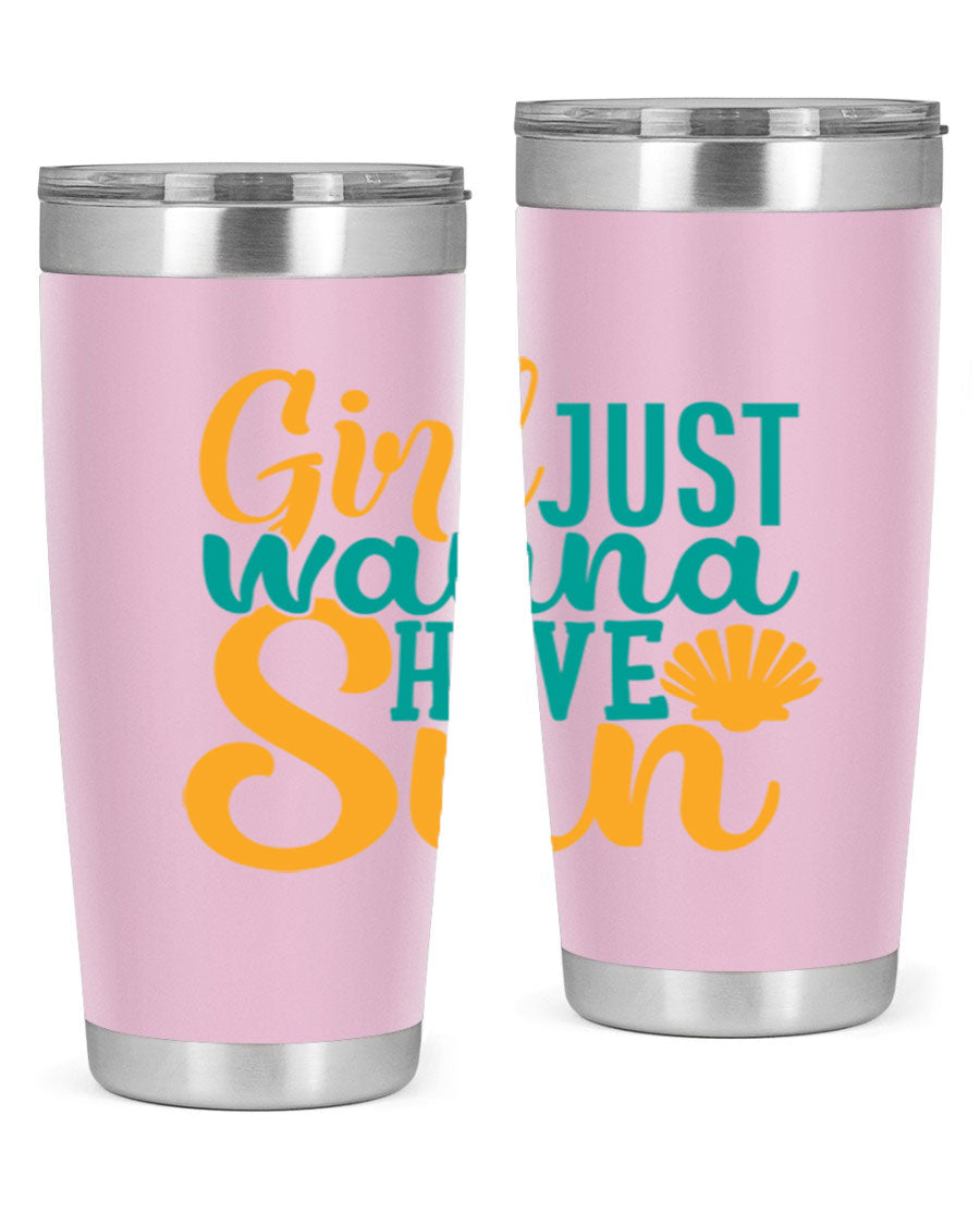 Girls Just Wanna Have Sun Style 101# 20oz Tumbler in stainless steel with vibrant summer-themed design.