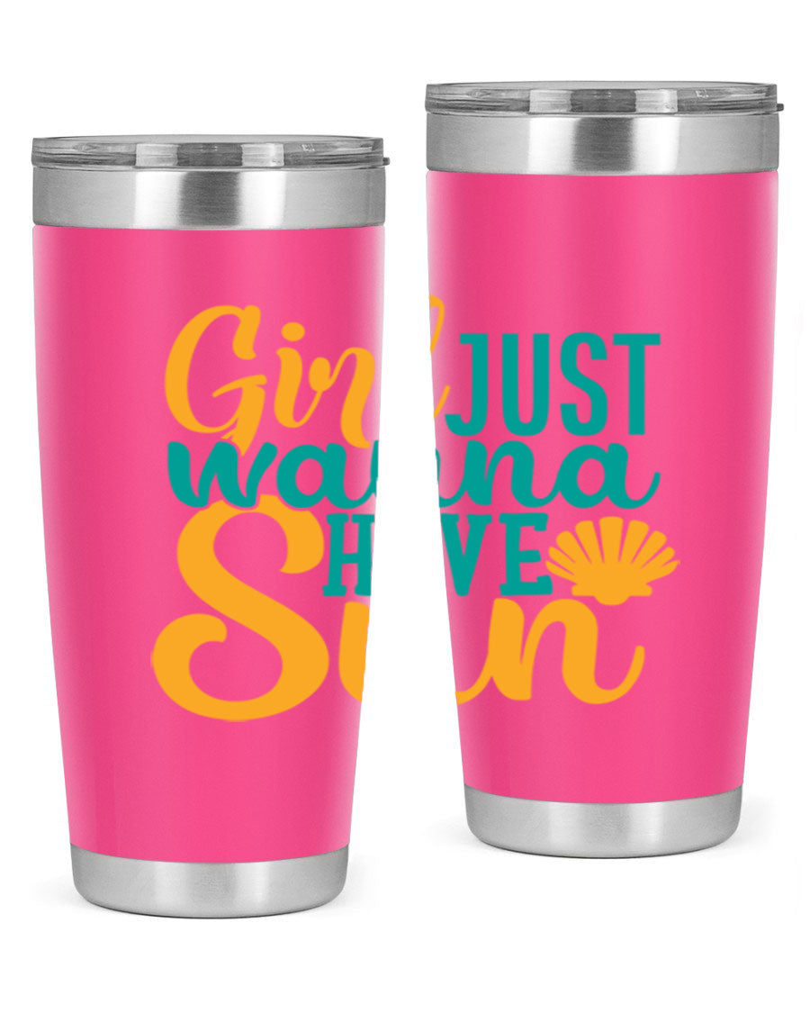 Girls Just Wanna Have Sun Style 101# 20oz Tumbler in stainless steel with vibrant summer-themed design.