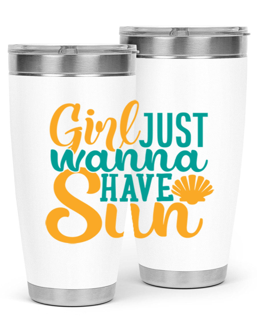 Girls Just Wanna Have Sun Style 101# 20oz Tumbler in stainless steel with vibrant summer-themed design.