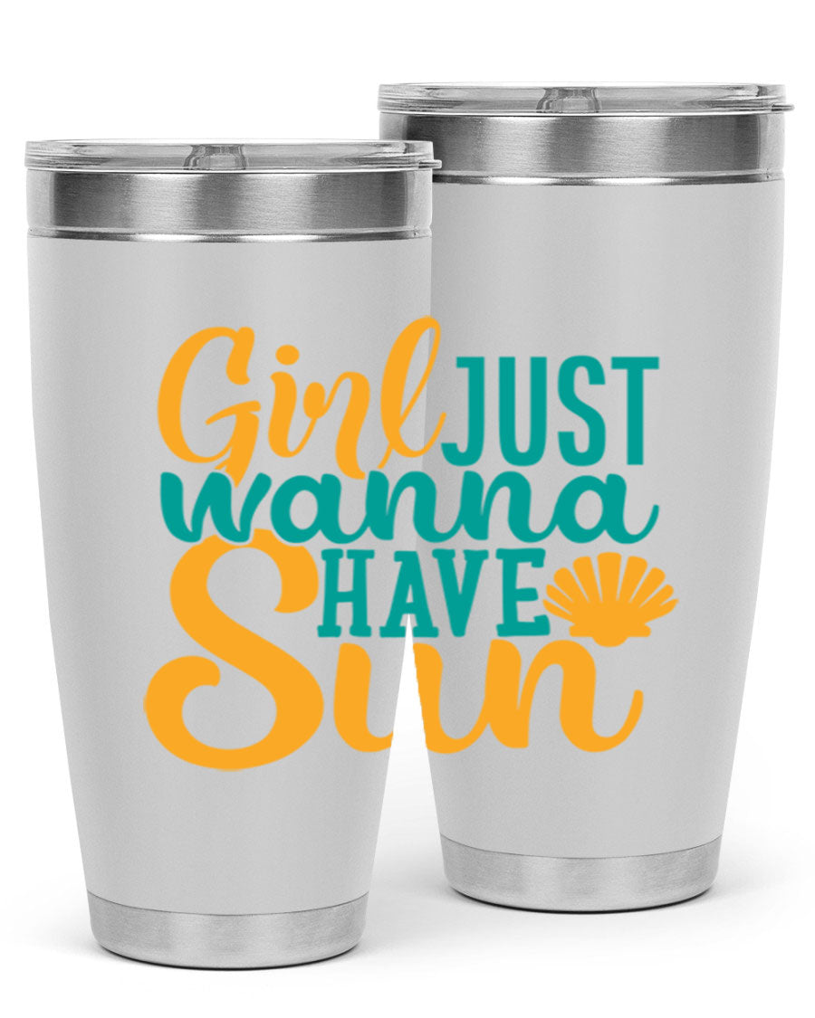 Girls Just Wanna Have Sun Style 101# 20oz Tumbler in stainless steel with vibrant summer-themed design.